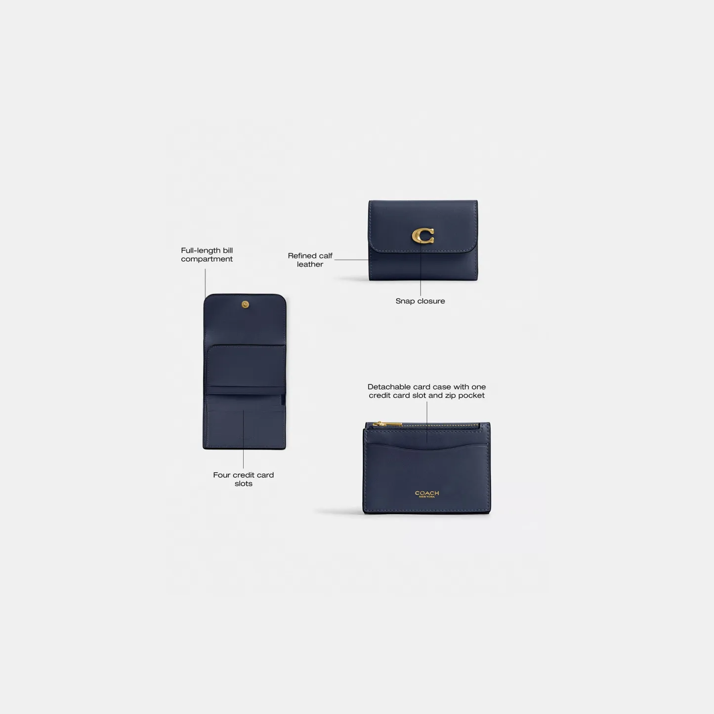 COACH®,Essential Card Holder Wallet,Leather,Calfskin Leather,Card Case,Bi Fold,Logo,Metal,Casual,Navy