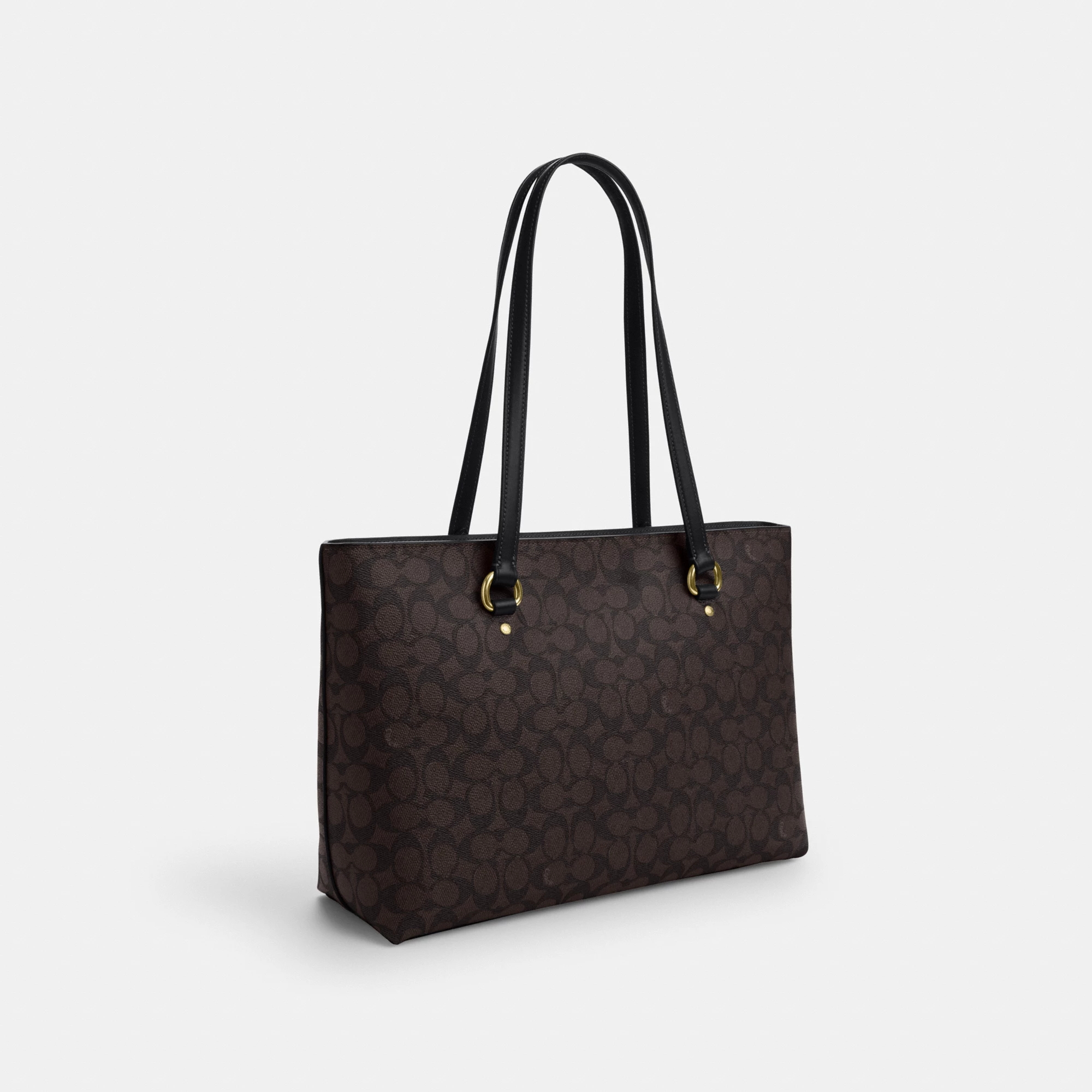 COACH®,Station Tote Bag In Signature Canvas,Canvas,Fabric,Mixed Media,Leather,Tote,Logo,Pattern,Luggage Tag,Lined,Silver M...,Multi Color,Angle View