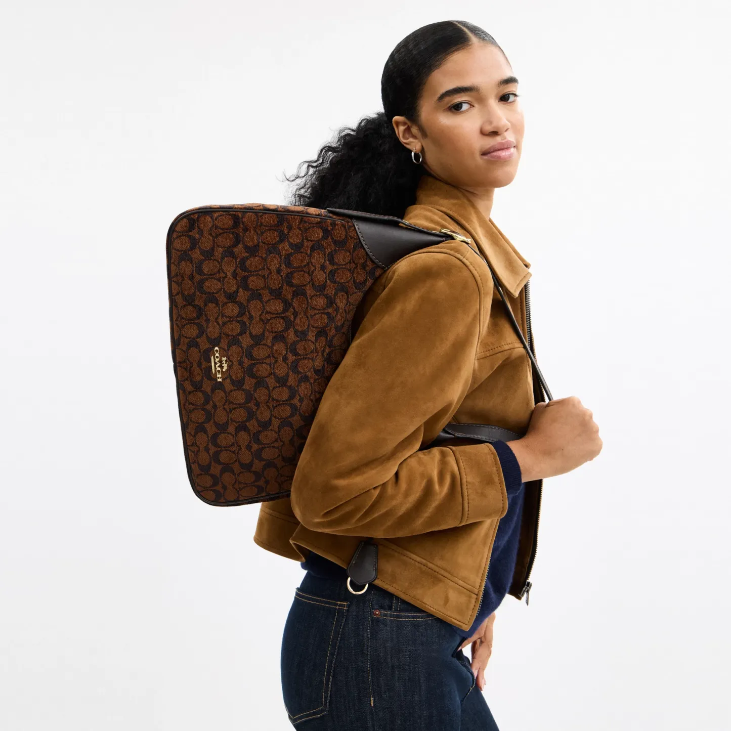 COACH®,Ella Shoulder Bag In Signature Chenille,Mixed Media,Leather,Crossbody,Word Embellishment,Logo,Metal,Lined,Adjustabl...,Brown,Detail View