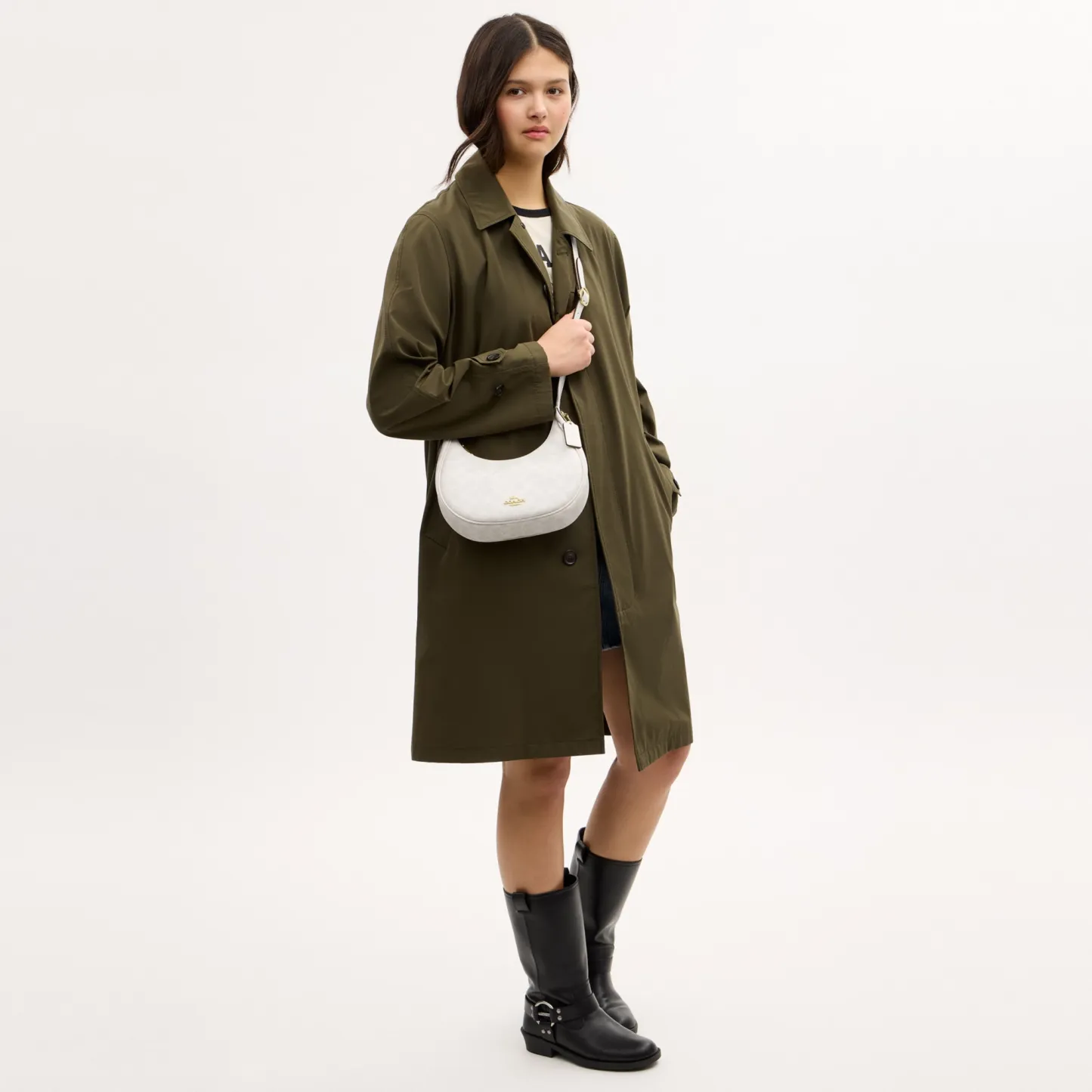 COACH®,Emily Shoulder Bag In Signature Canvas,Leather,Recycled Polyester,Canvas,Shoulder Bag,Metal,Pendant,Piping,Logo,Sus...,White