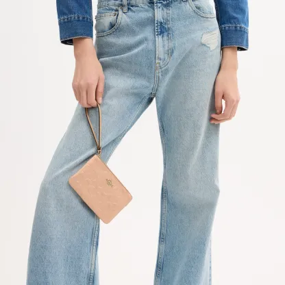 COACH®,Corner Zip Wristlet In Signature Leather,Leather,Recycled Polyester,Wristlet,Gold Metal,Casual,Blush,Detail View