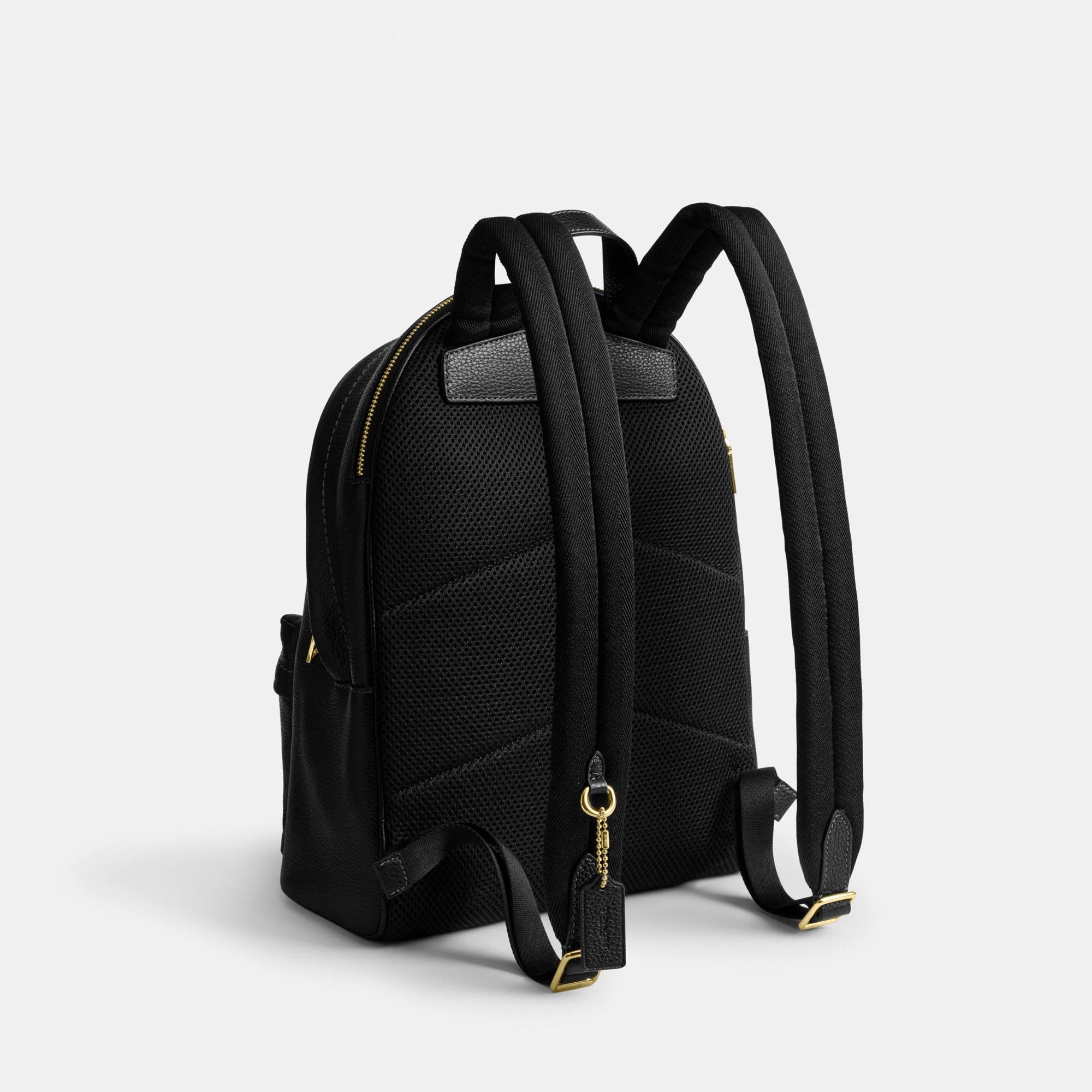 COACH®,Taylor Small Backpack,Recycled Polyester,Leather,Lining Recycled Polyester,Polyester,Backpack,Metal,Logo,Lined,Padd...,Black,Angle View