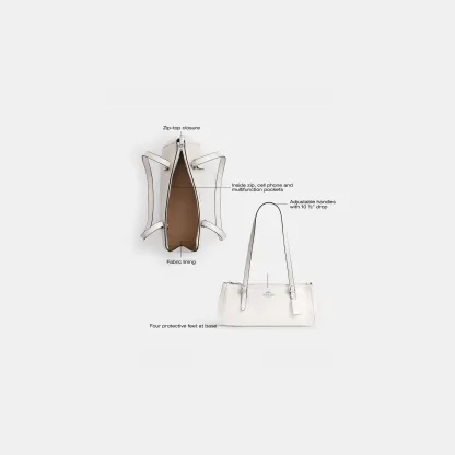 COACH®,Asher Shoulder Bag,Leather,Shoulder Bag,Logo,Metal,Luggage Tag,Adjustable,Compact,Key Ring,Lined,Silver Metal,Casual,White