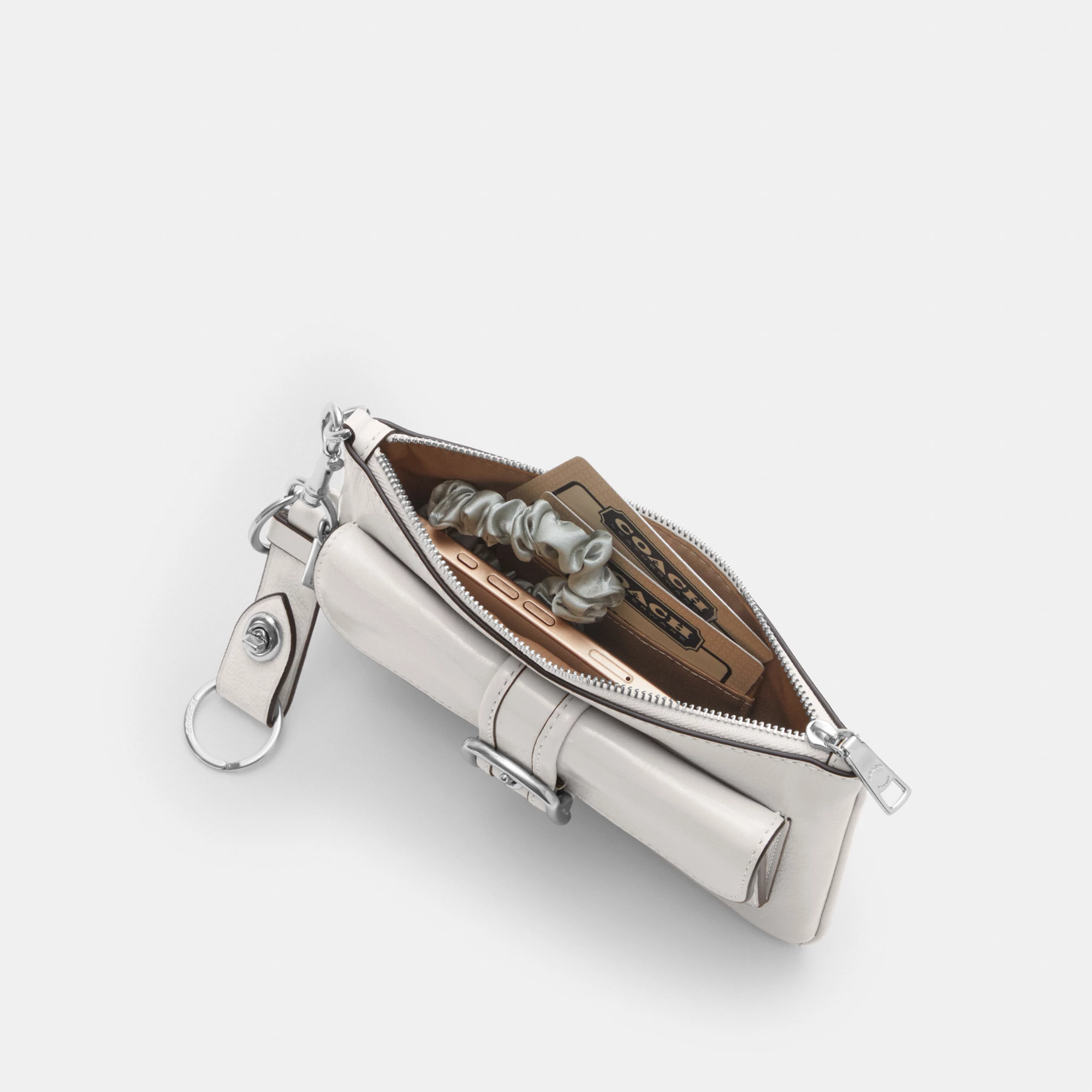 COACH®,Ashton Wristlet,Leather,Recycled Polyester,Pouch,Wristlet,Casual,White,Inside View,Top View