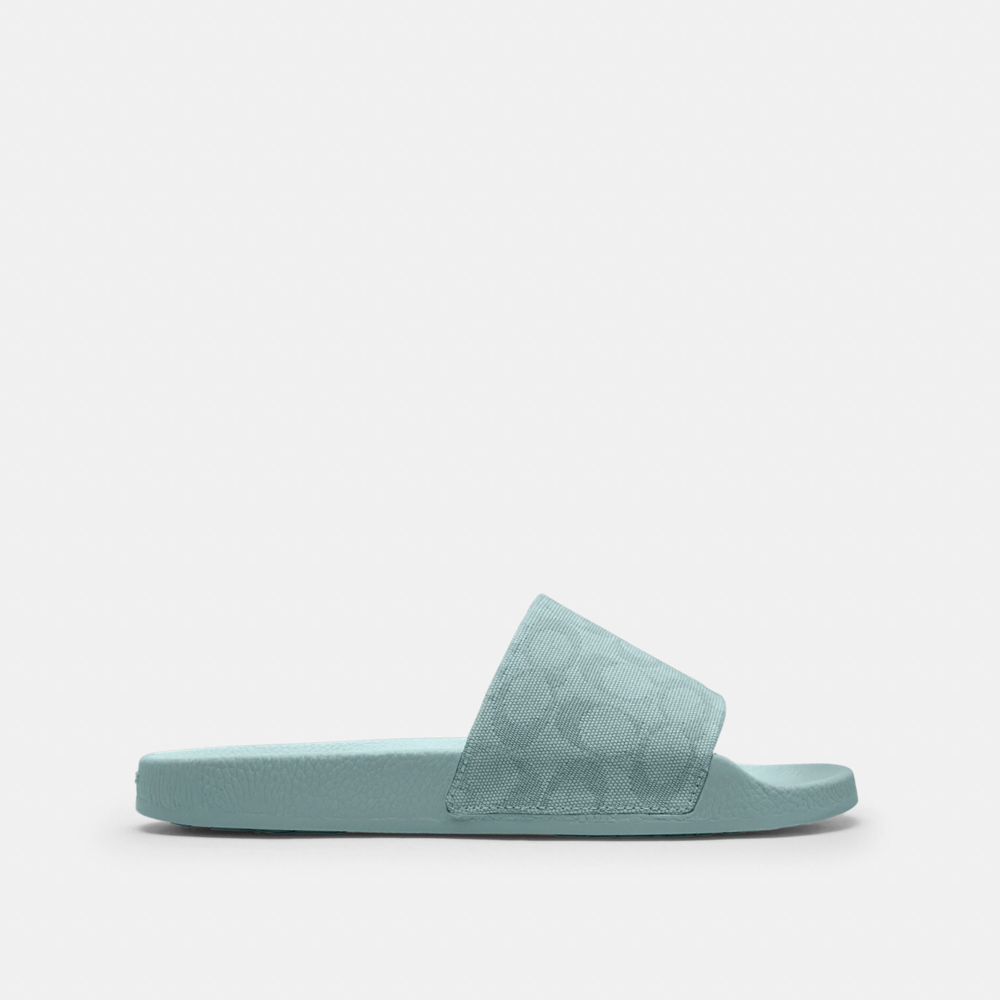 COACH®,Udele Sport Slide In Signature Jacquard Canvas,Rubber,EVA,Canvas,Slides,Fabric,Logo,Pull Tab,Casual,Blue,Angle View