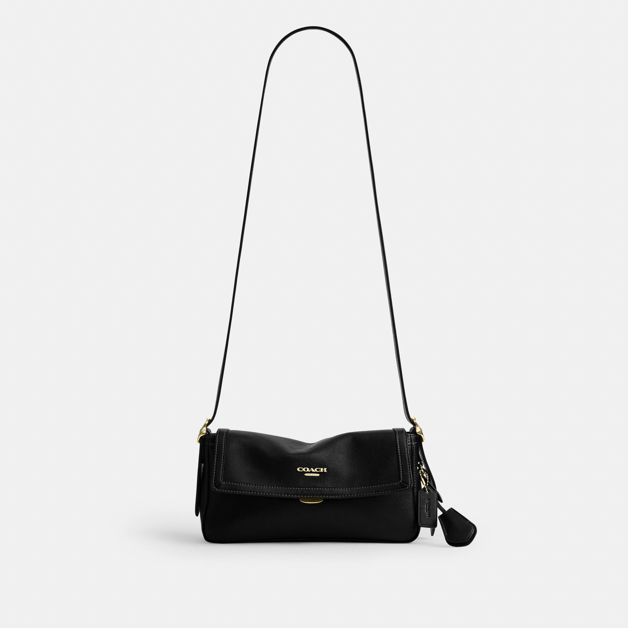 COACH®,Etta Small Flap Shoulder Bag,Recycled Polyester,Shoulder Bag,Logo,Compact,2 in 1,Sustainable,Adjustable,Gold Metal,...,Black