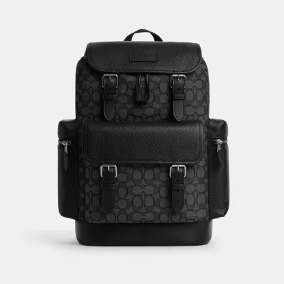 COACH®,Sprint Backpack In Signature Jacquard,Calfskin Leather,Canvas,Backpack,Adjustable,Casual,Black,Front View