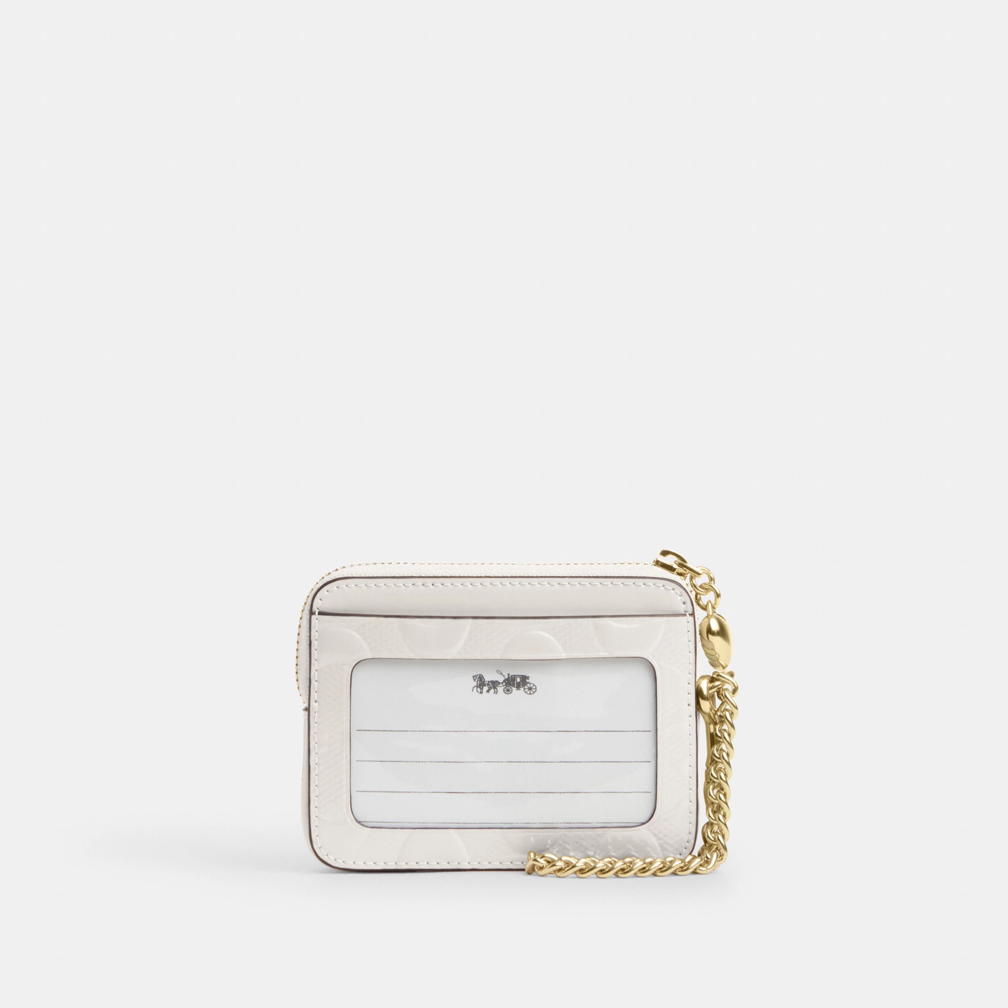 COACH®,Zip Card Case In Signature Leather With Heart Charm,Leather,Card Case,Coin,Chain Detail,Embossed,Logo,Casual,Cream,Back View