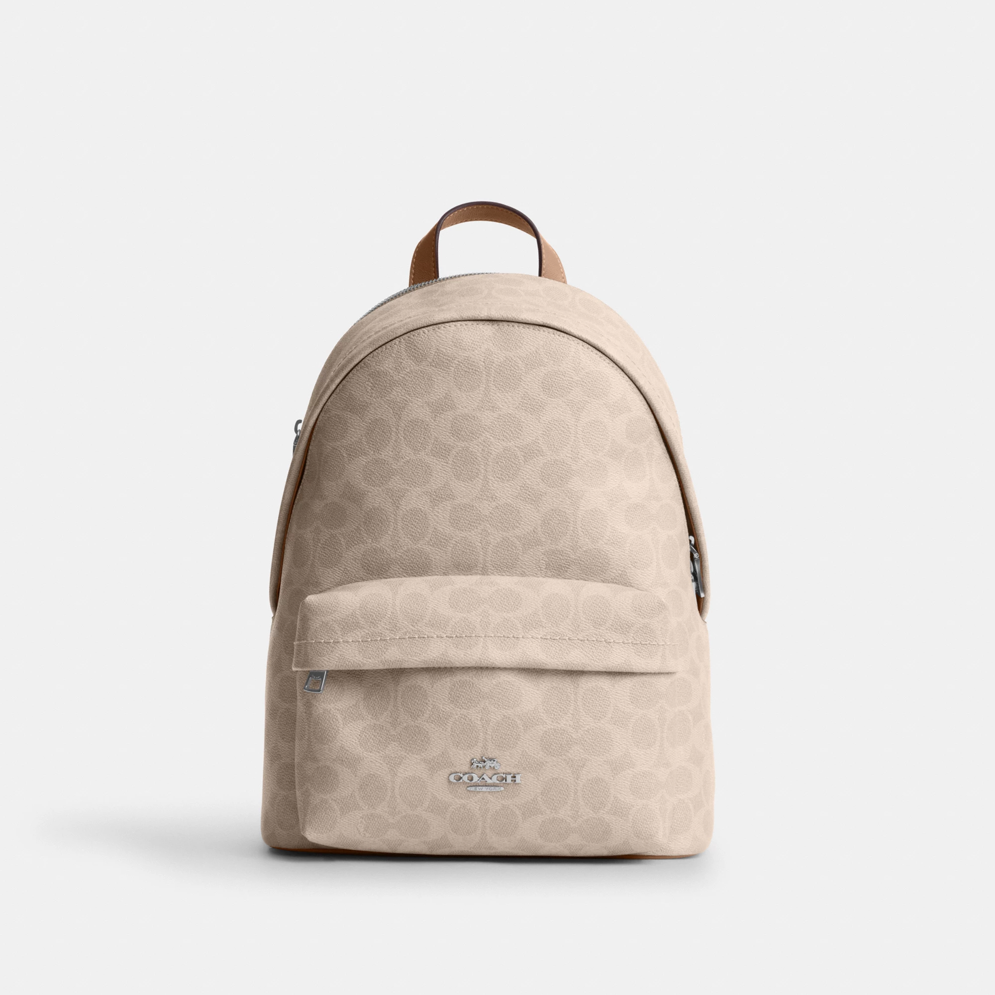 COACH®,Taylor Small Backpack In Signature Canvas,Recycled Polyester,Canvas,Backpack,Metal,Logo,Adjustable,Gold Metal,Casual,Beige,Front View
