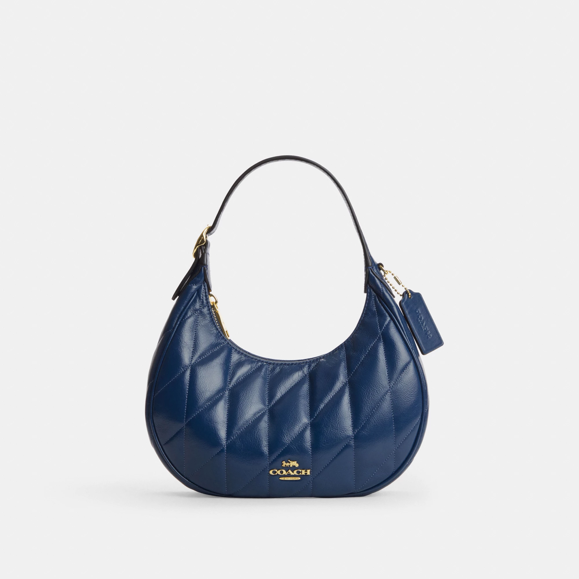 COACH®,Emily Shoulder Bag With Quilting,Recycled Polyester,Leather,Hobo,Pendant,Metal,Sustainable,Adjustable,Gold Metal,Da...,Blue,Front View
