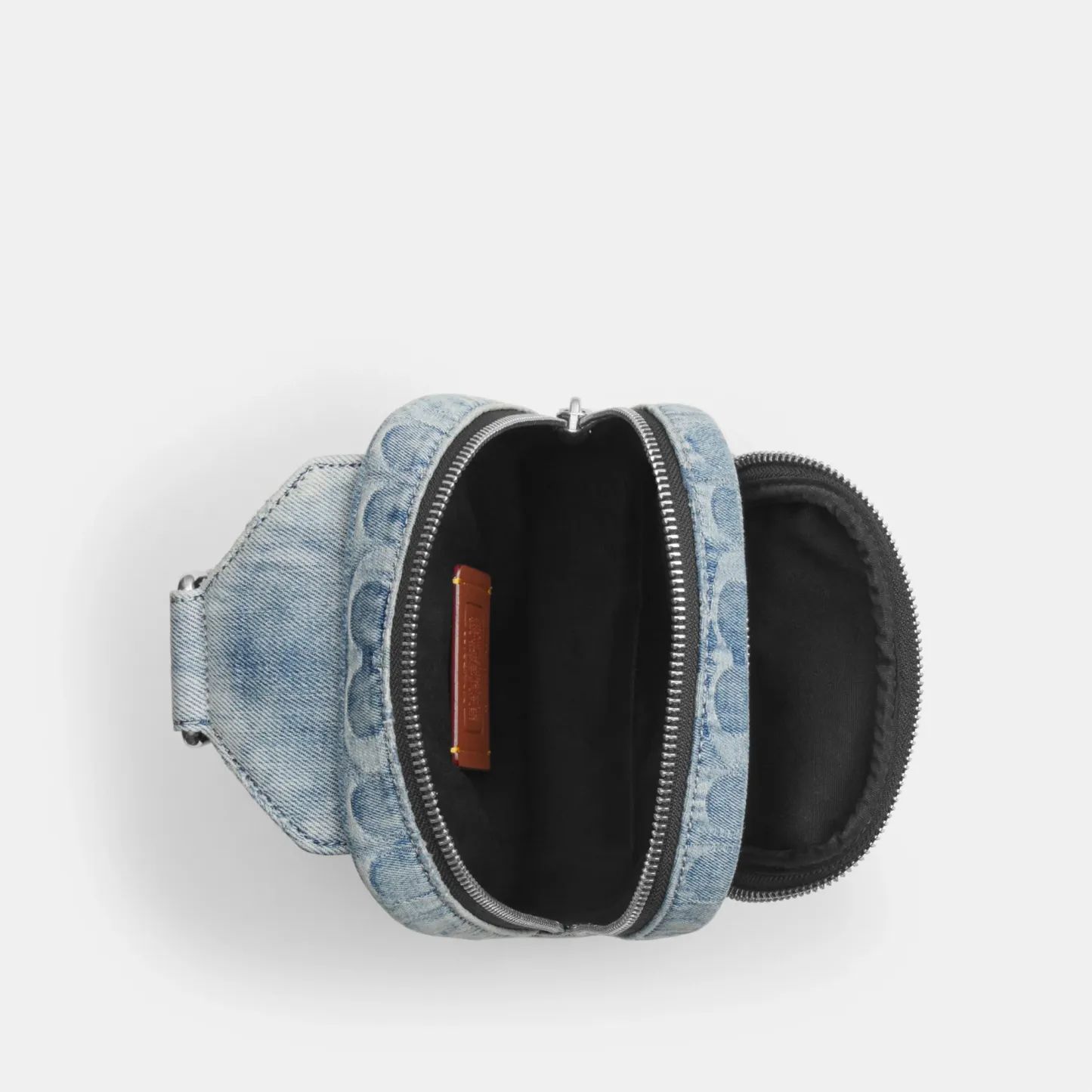 COACH®,Racer Sling Pack In Loved Signature Denim,Cotton,Denim,Leather,Slingback,Adjustable,Sustainable,Silver Metal,Casual...,Blue,Inside View,Top View