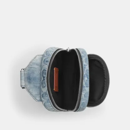 COACH®,Racer Sling Pack In Loved Signature Denim,Cotton,Denim,Leather,Slingback,Adjustable,Sustainable,Silver Metal,Casual...,Blue,Inside View,Top View