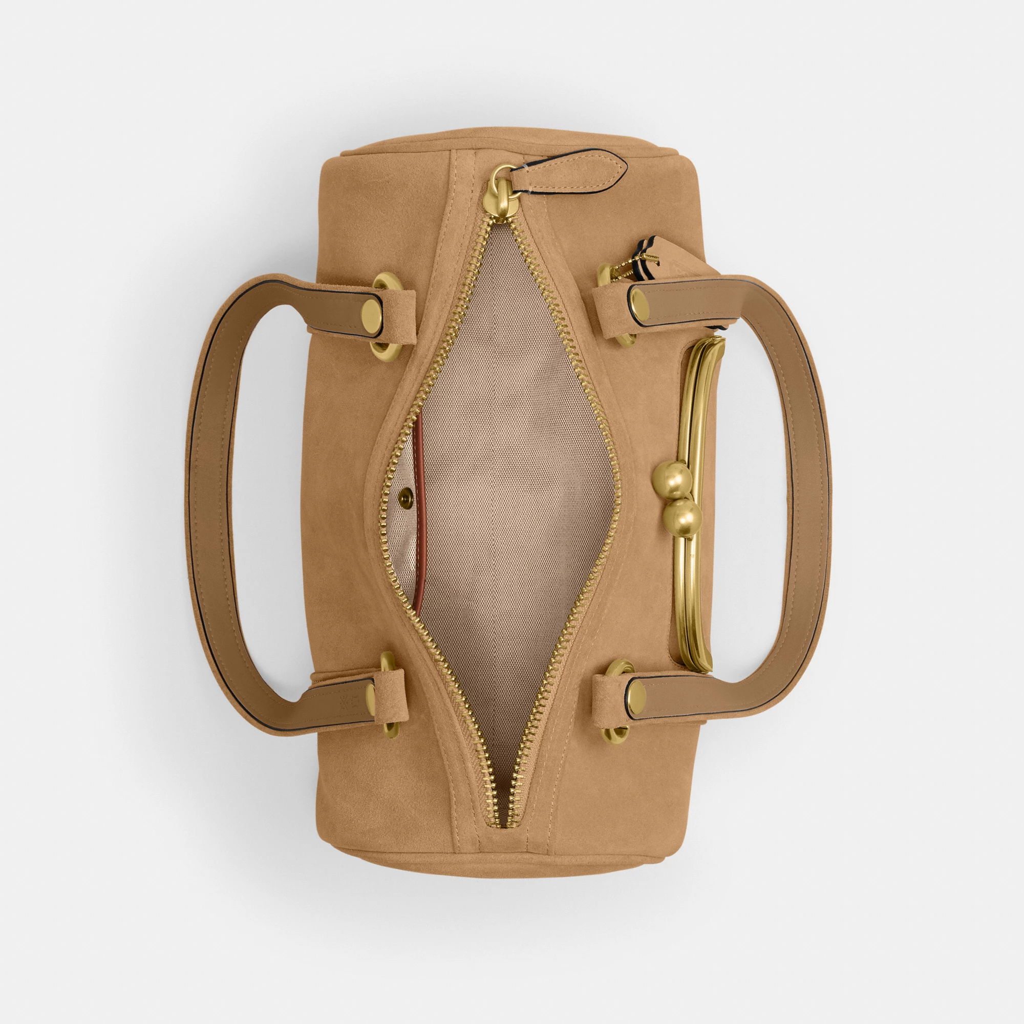 COACH®,Kisslock Barrel Bag,Lining Cotton Knit,Lining Cotton,Suede,Barrel Bag,Pendant,Brass,Day Party,Beige,Inside View,Top View