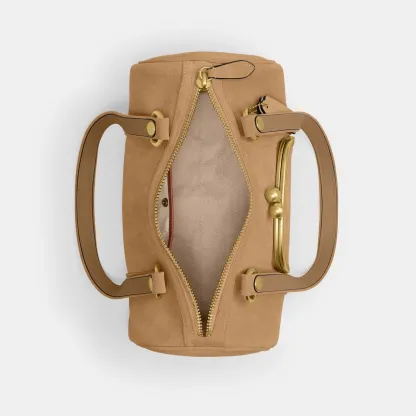 COACH®,Kisslock Barrel Bag,Lining Cotton Knit,Lining Cotton,Suede,Barrel Bag,Pendant,Brass,Day Party,Beige,Inside View,Top View