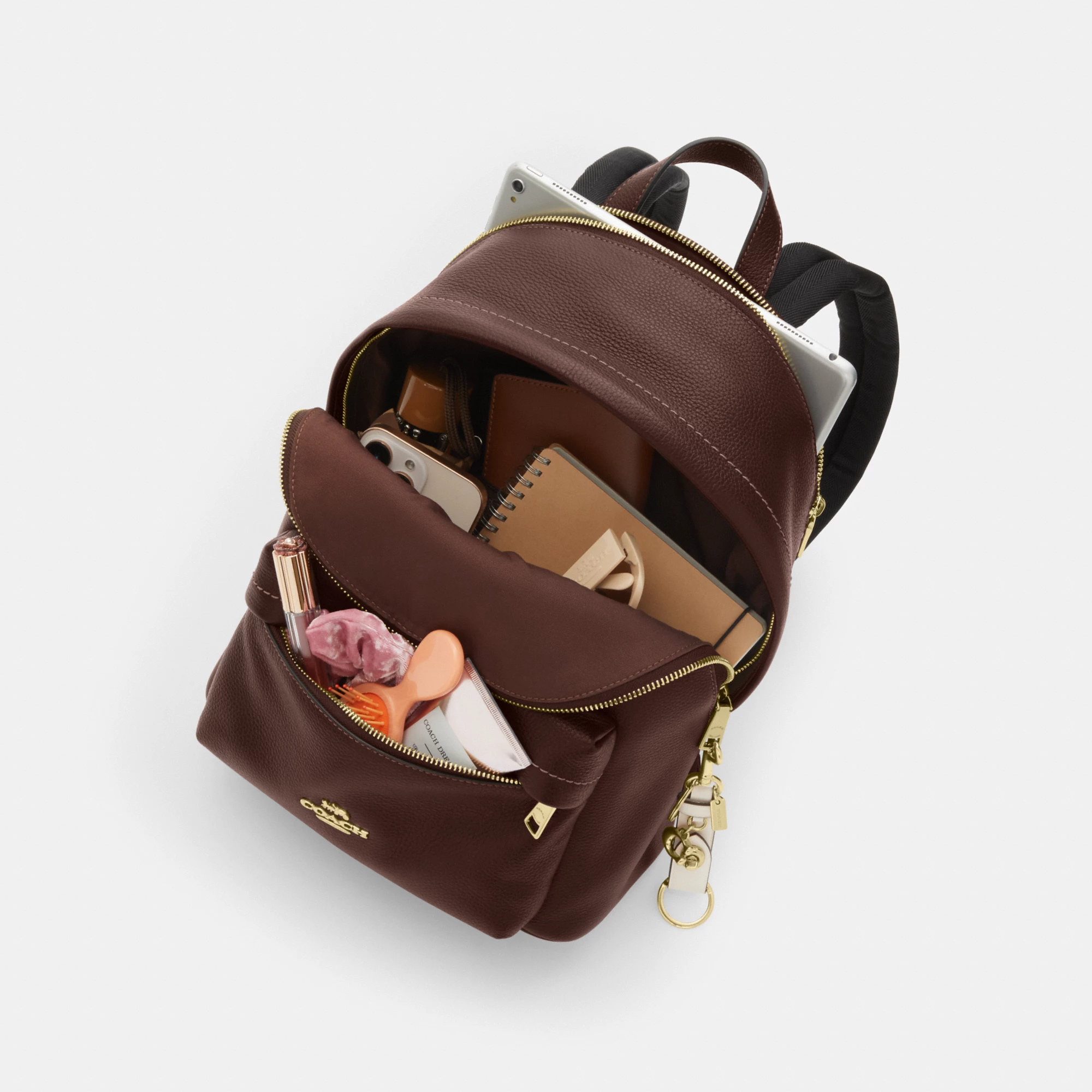 COACH®,Taylor Small Backpack,Recycled Polyester,Leather,Lining Recycled Polyester,Polyester,Backpack,Metal,Logo,Lined,Padd...,Brown,Inside View,Top View