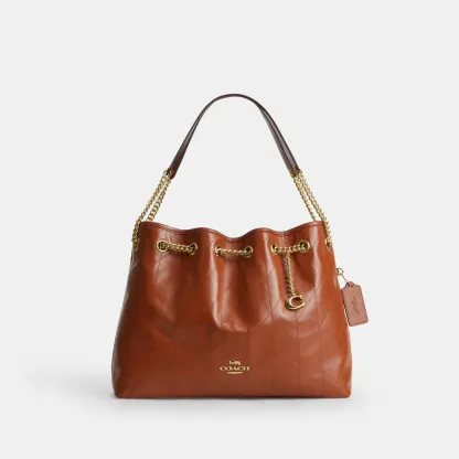 COACH®,Evelyn Shoulder Bag With Quilting And Charm,Recycled Polyester,Leather,Shoulder Bag,Quilted,Sustainable,Gold Metal,...,Brown,Front View