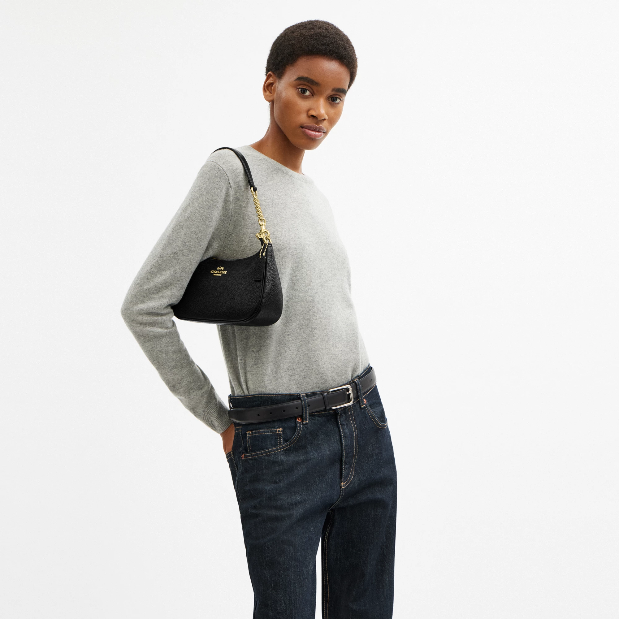 COACH®,Teri Shoulder Bag,Shoulder Bag,Chain Detail,Metal,Logo,Casual,Black,Detail View