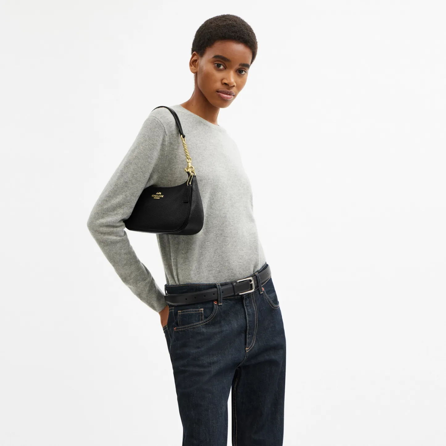 COACH®,Teri Shoulder Bag,Shoulder Bag,Chain Detail,Metal,Logo,Casual,Black,Detail View
