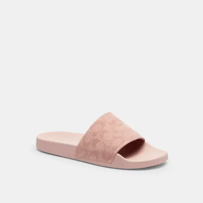 COACH®,Udele Sport Slide In Signature Jacquard Canvas,Rubber,EVA,Canvas,Slides,Fabric,Logo,Pull Tab,Casual,Blush,Front View
