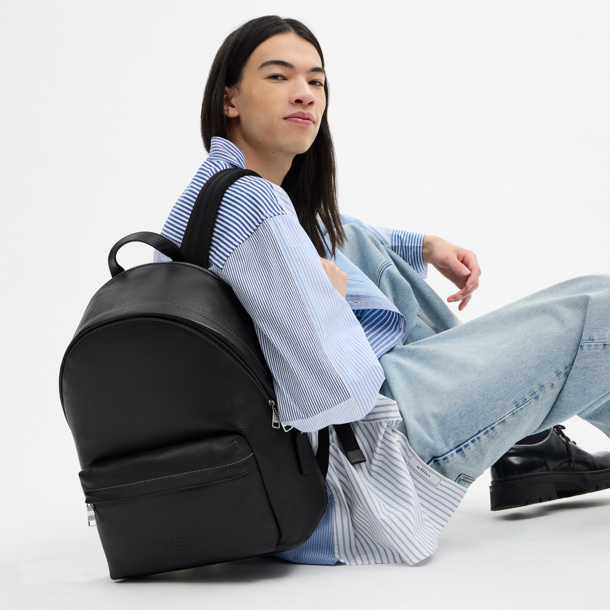 COACH®,Taylor Backpack,Polyester,Recycled Polyester,Leather,Backpack,Lined,Sustainable,Suitcase Sleeve,Casual,Black,Detail View