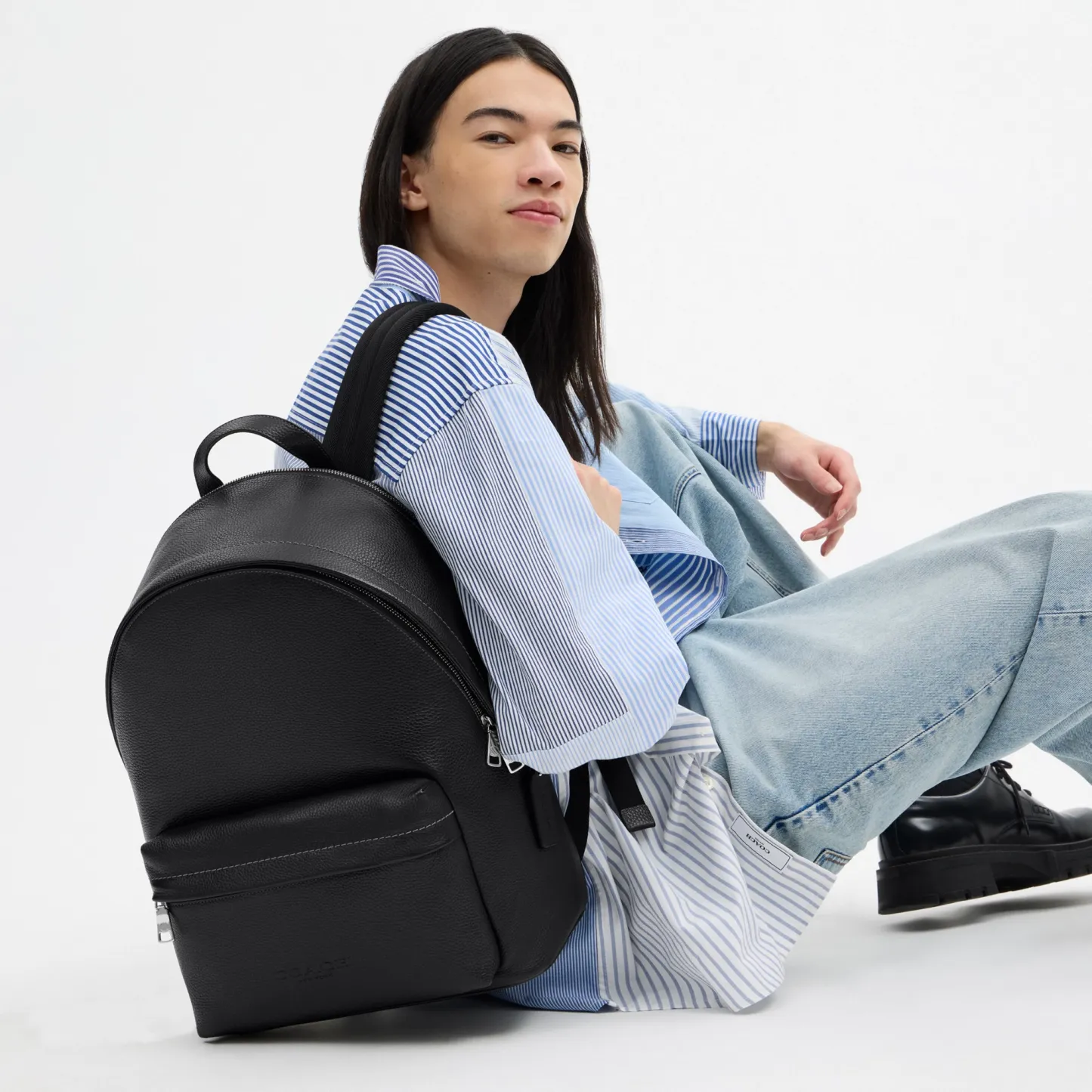 COACH®,Taylor Backpack,Polyester,Recycled Polyester,Leather,Backpack,Lined,Sustainable,Suitcase Sleeve,Casual,Black,Detail View