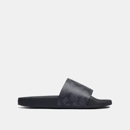COACH®,Udele Sport Slide In Signature Canvas,Canvas,Rubber,EVA,Slides,Logo,Pull Tab,Cushioned Outsole,Casual,Black,Angle View
