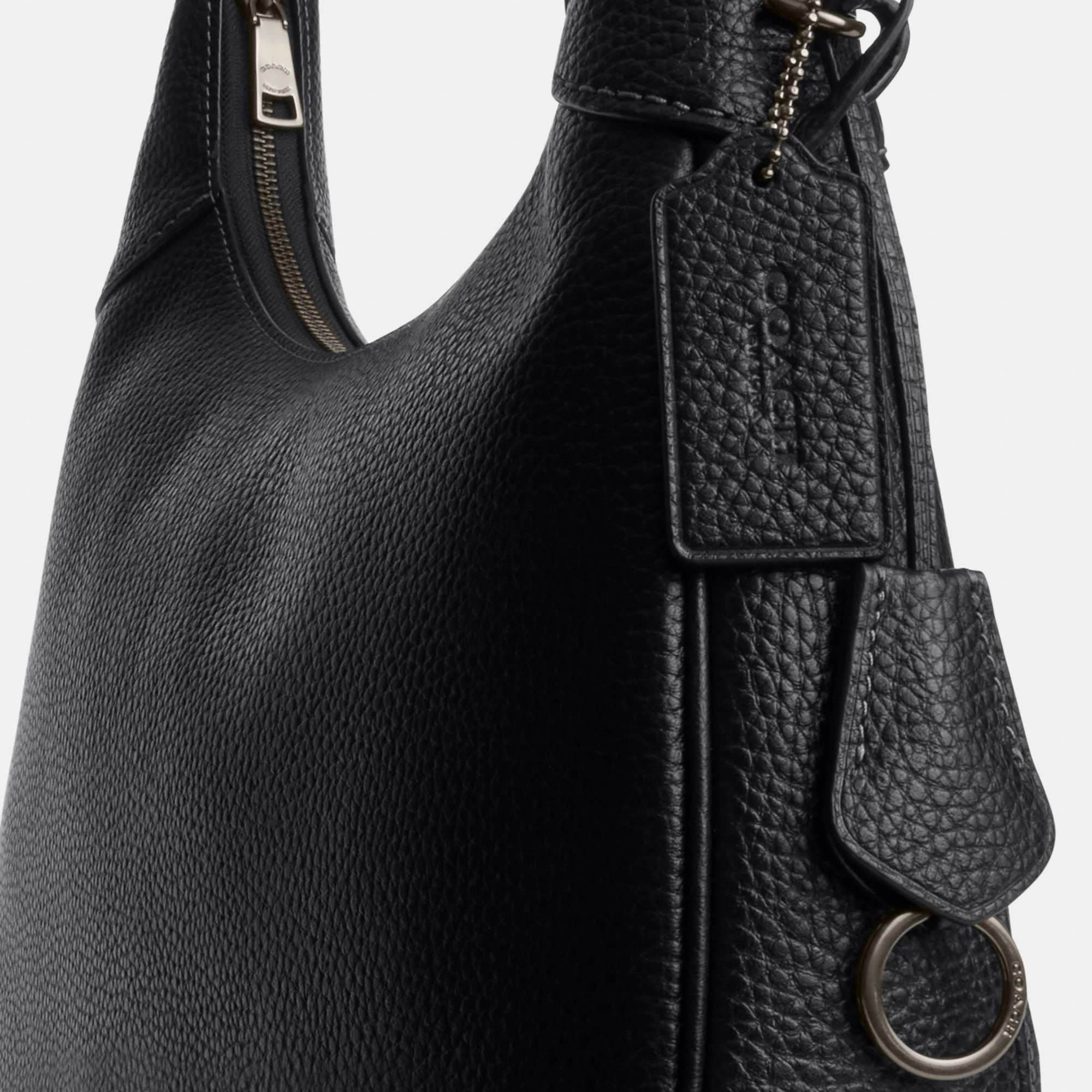 COACH®,Ella Shoulder Bag,Fabric,Leather,Hobo,Adjustable,Luggage Tag,Lined,Silver Metal,Casual,Black,Closer View