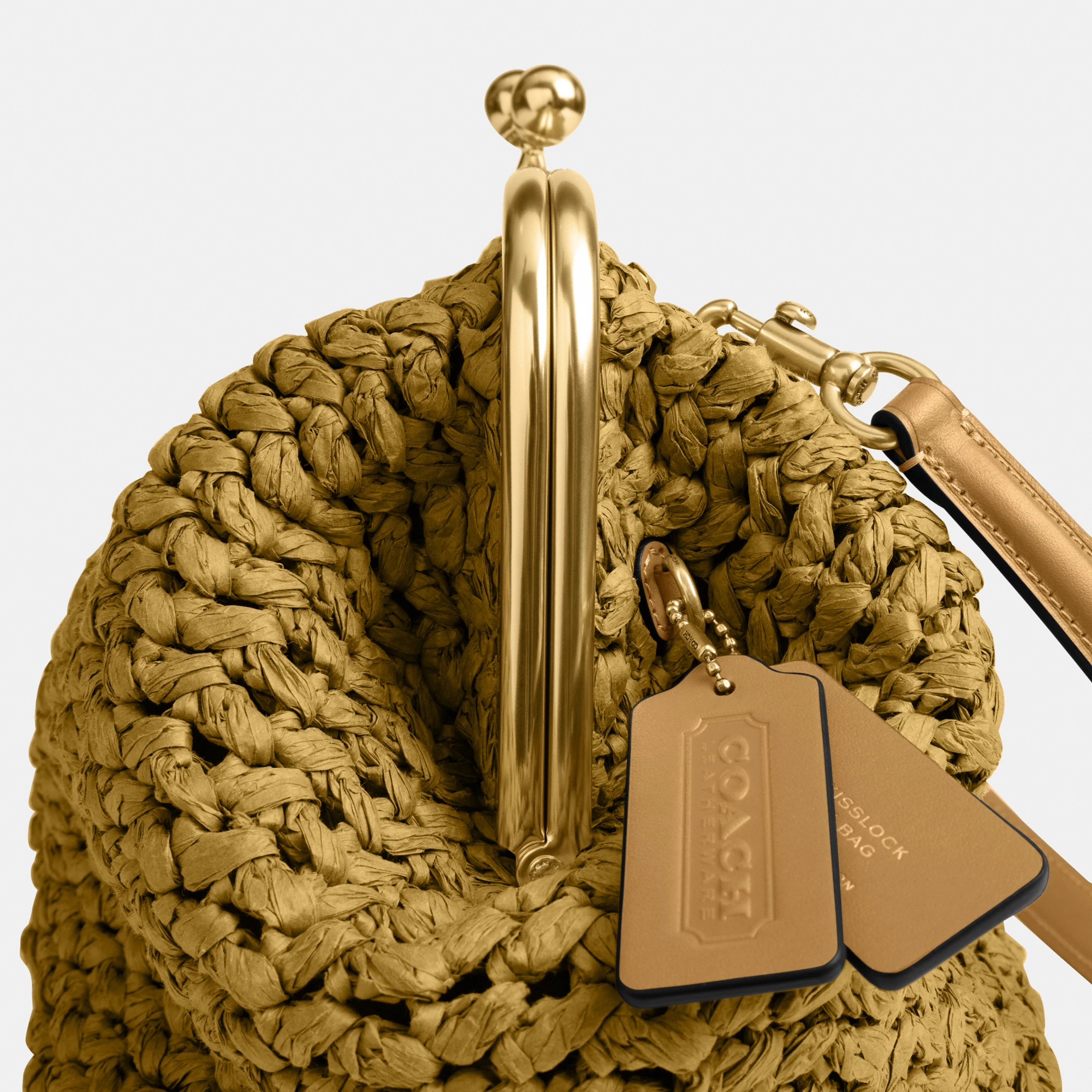 COACH®,Kisslock Frame Bag 27,Cotton,Calfskin Leather,Clutch,Metal Material,Straw,Pendant,Lined,Brass,Day Party,Beige,Closer View