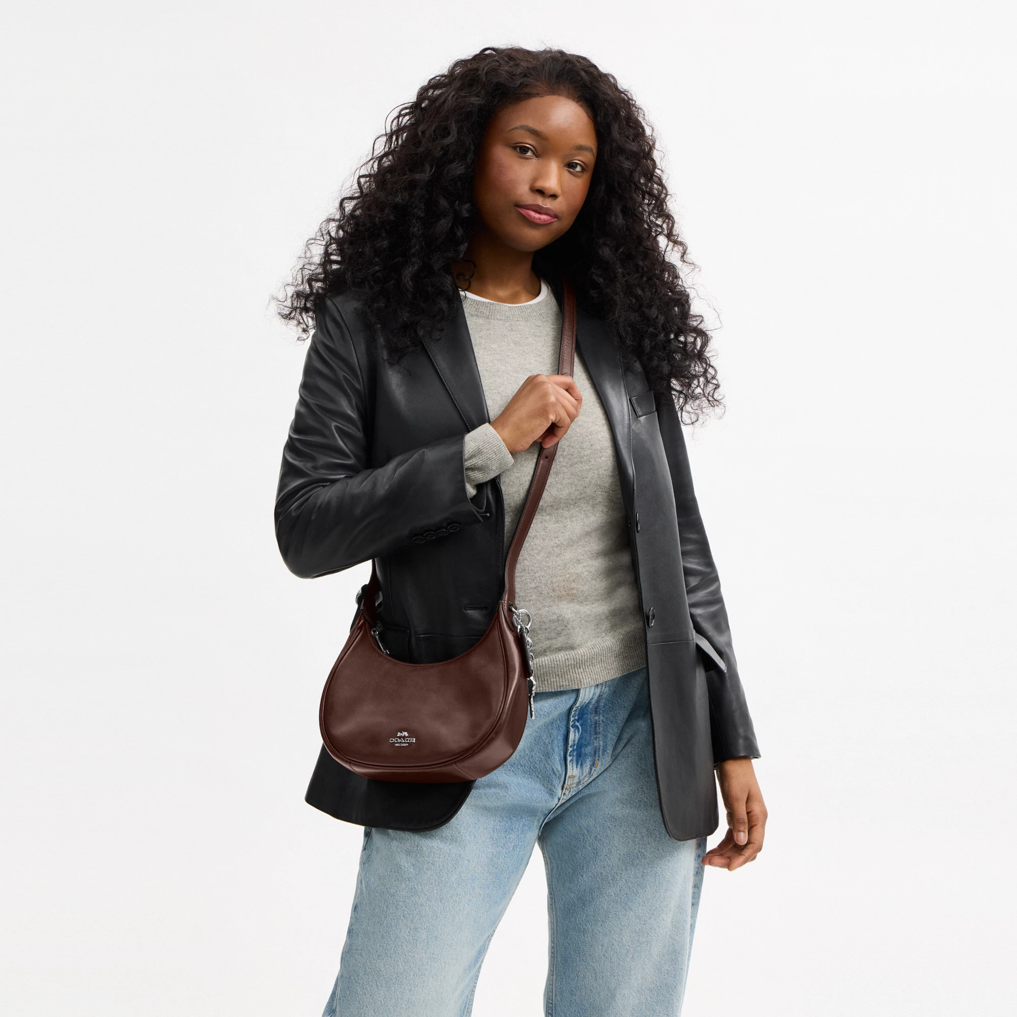 COACH®,Emily Shoulder Bag,Leather,Recycled Polyester,Lining Recycled Polyester,Hobo,Metal Material,3D Embellishment,Metal,...,Brown,Detail View