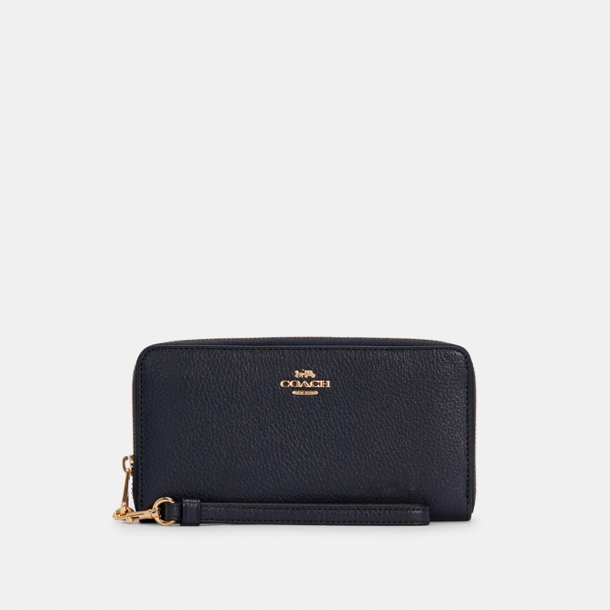 COACH®,Long Zip Around Wallet,Leather,Wristlet,Continental,Gold Metal,Casual,Black,Front View