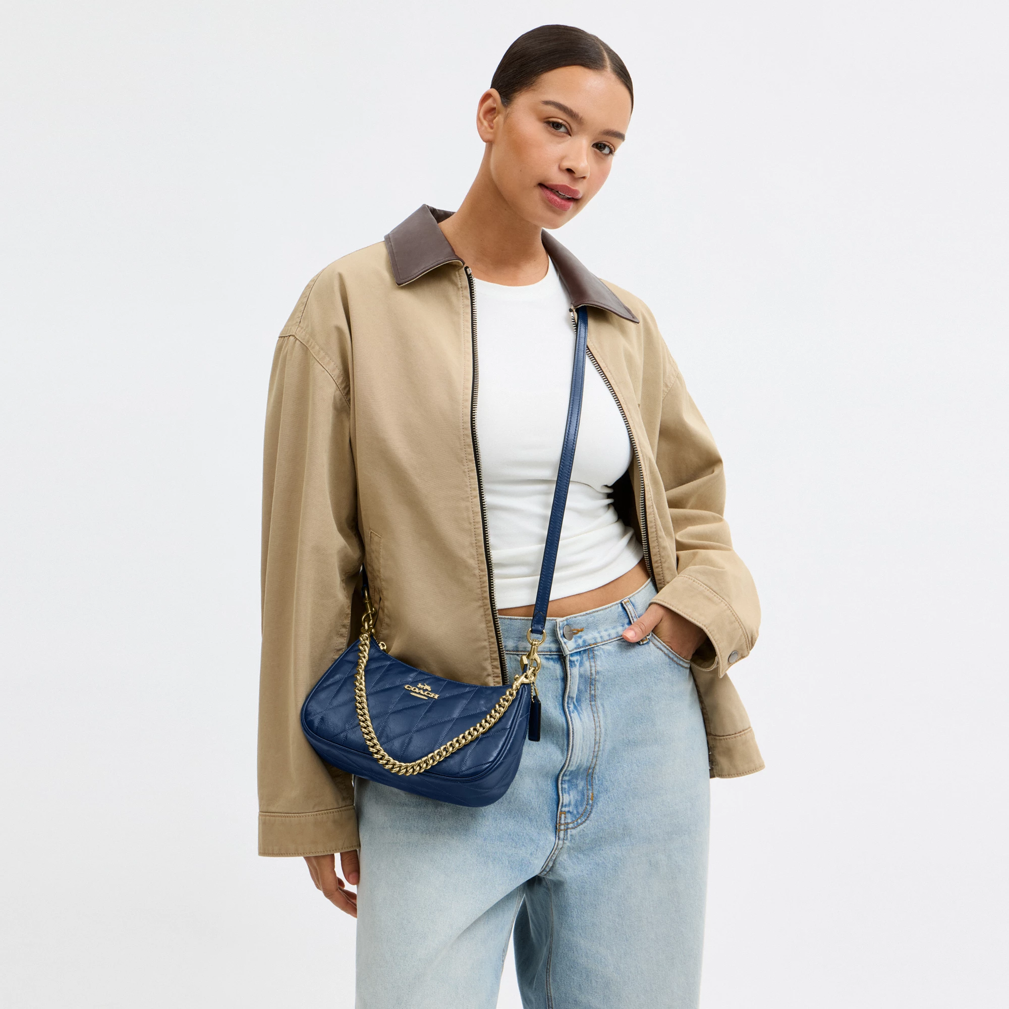 COACH®,Teri Shoulder Bag With Quilting,Recycled Polyester,Leather,Shoulder Bag,Metal,Logo,Silver Metal,Casual,Blue