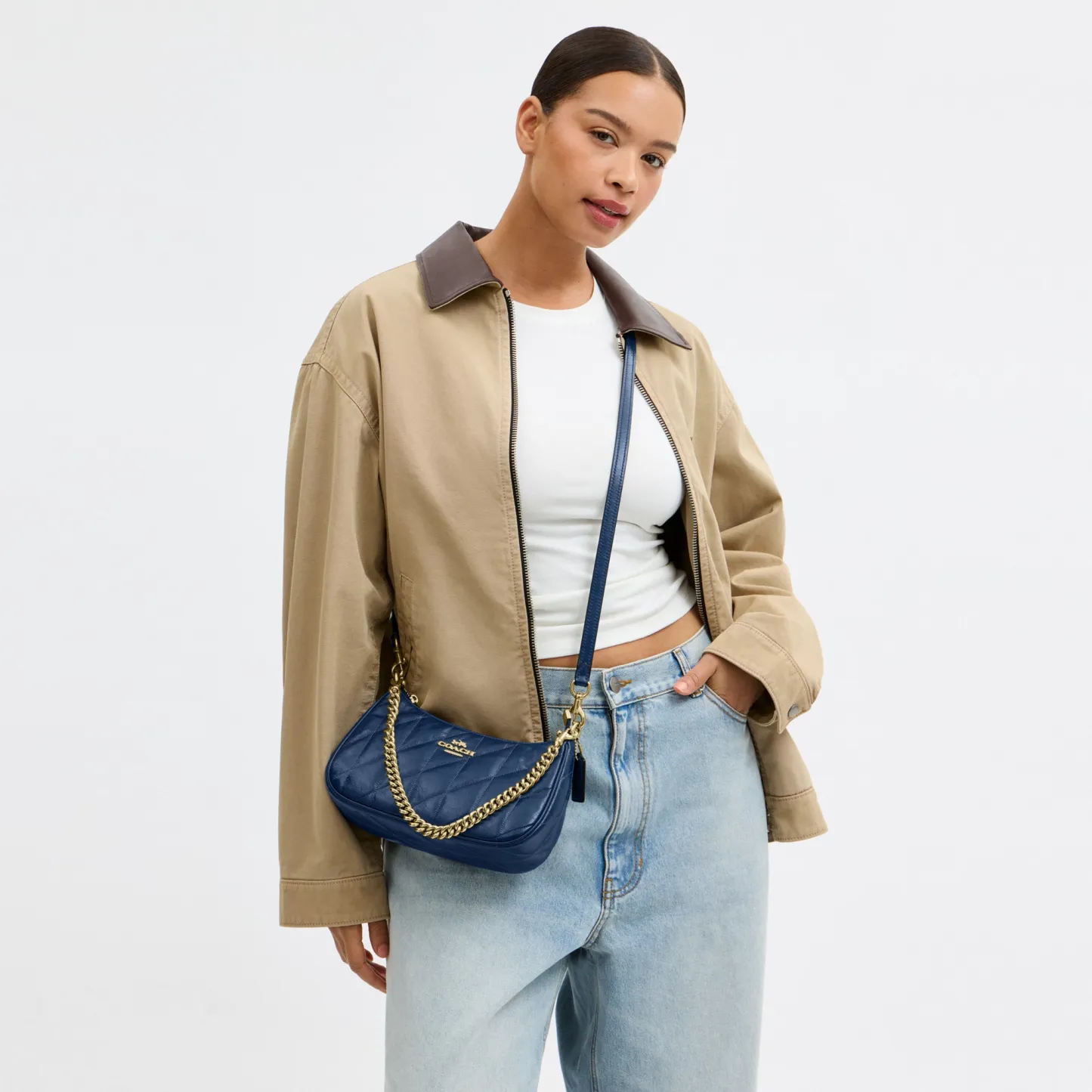 COACH®,Teri Shoulder Bag With Quilting,Recycled Polyester,Leather,Shoulder Bag,Metal,Logo,Silver Metal,Casual,Blue