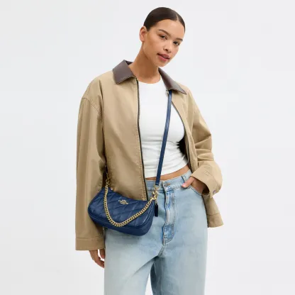 COACH®,Teri Shoulder Bag With Quilting,Recycled Polyester,Leather,Shoulder Bag,Metal,Logo,Silver Metal,Casual,Blue