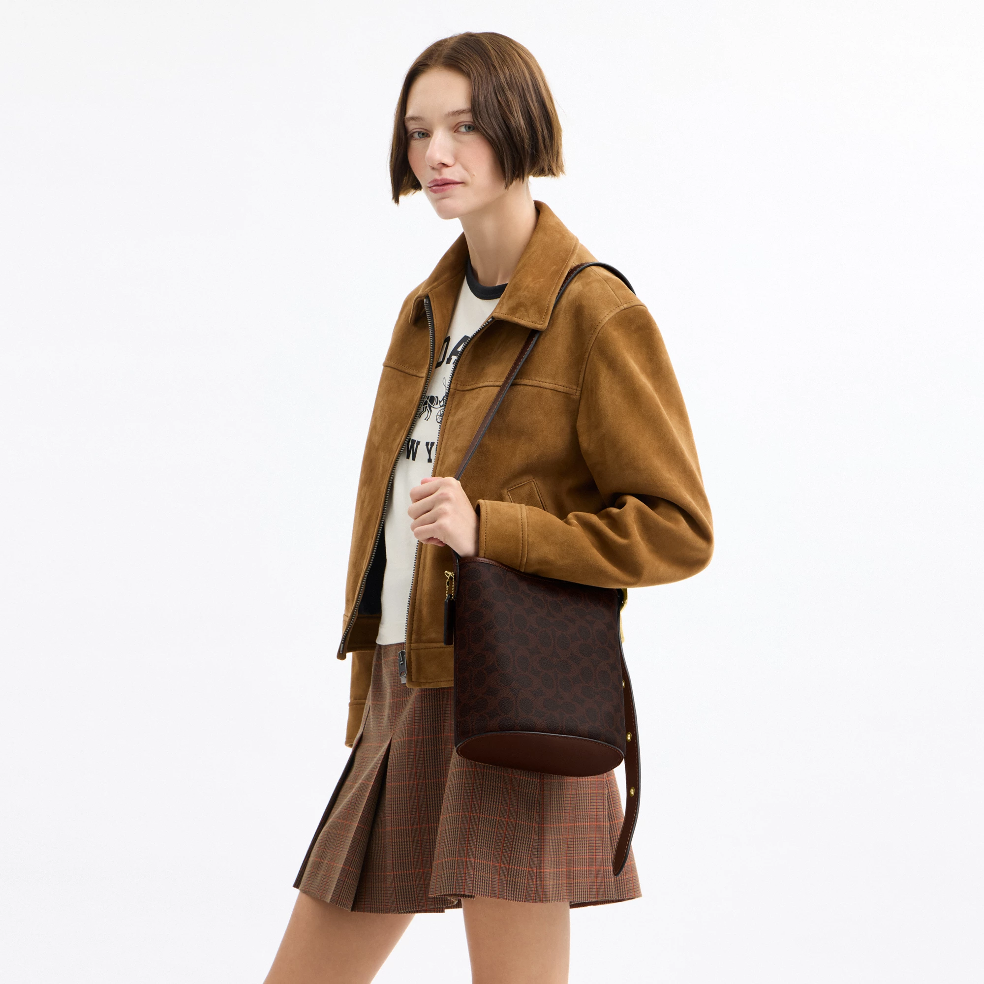 COACH®,Bleecker Bucket Bag 21 In Signature Canvas,Canvas,Leather,Bucket,Logo,Adjustable,Brass,Casual,Brown,Detail View
