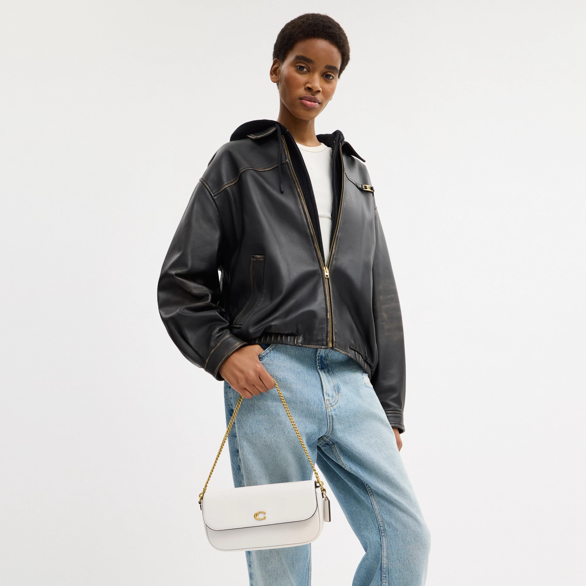 COACH®,Brook Flap Chain Bag,Calfskin Leather,Leather,Fabric,Shoulder Bag,Logo,Metal,Compact,Adjustable,Shoulder Guard,Gold...,White,Detail View