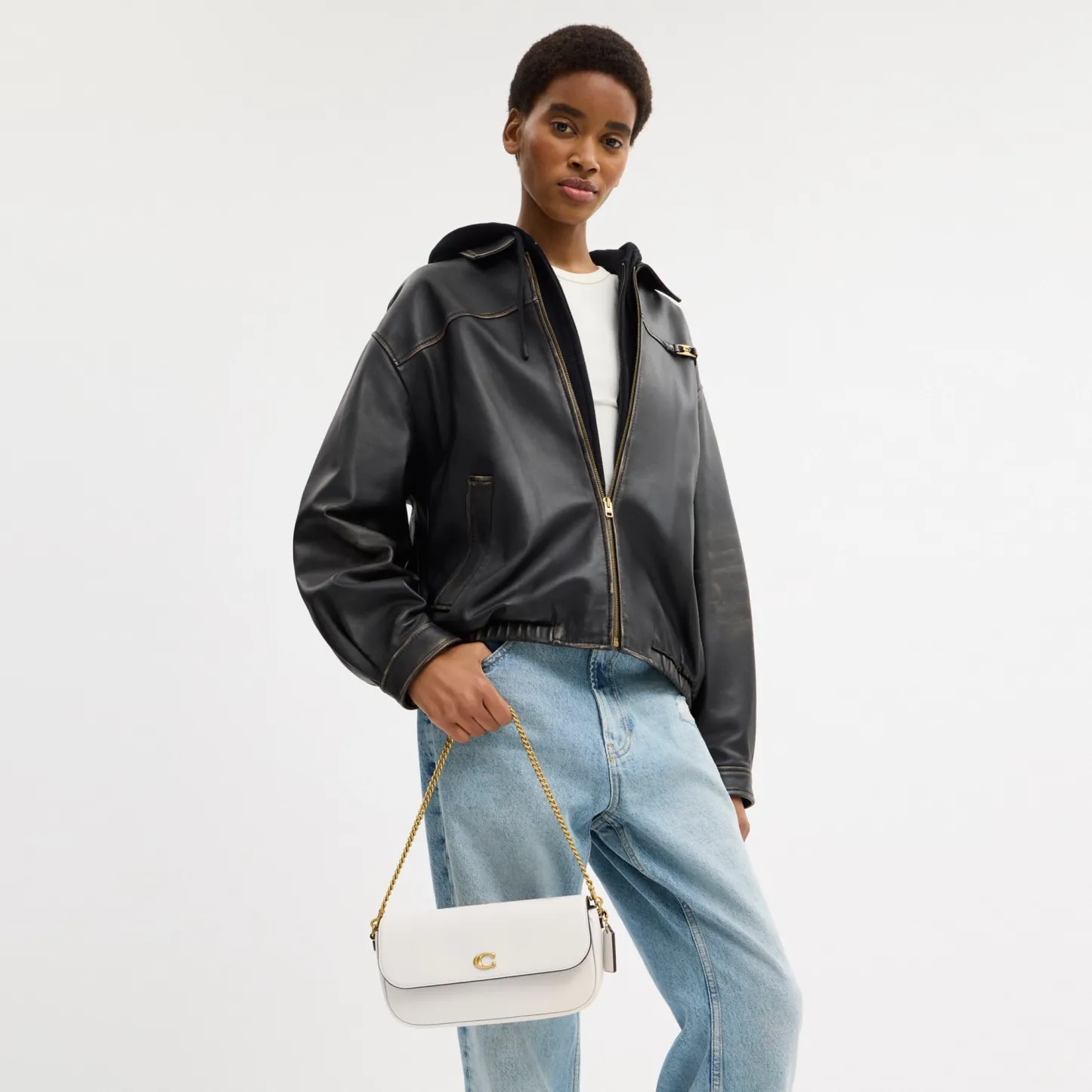 COACH®,Brook Flap Chain Bag,Calfskin Leather,Leather,Fabric,Shoulder Bag,Logo,Metal,Compact,Adjustable,Shoulder Guard,Gold...,White,Detail View