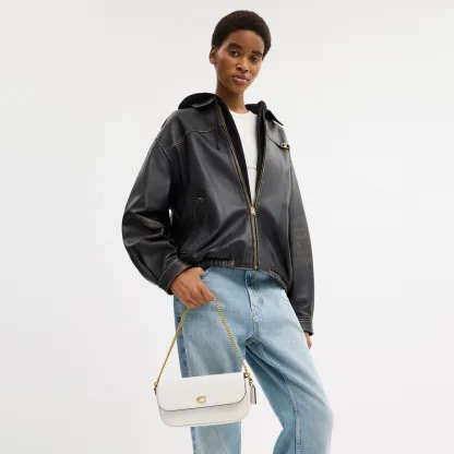 COACH®,Brook Flap Chain Bag,Calfskin Leather,Leather,Fabric,Shoulder Bag,Logo,Metal,Compact,Adjustable,Shoulder Guard,Gold...,White,Detail View