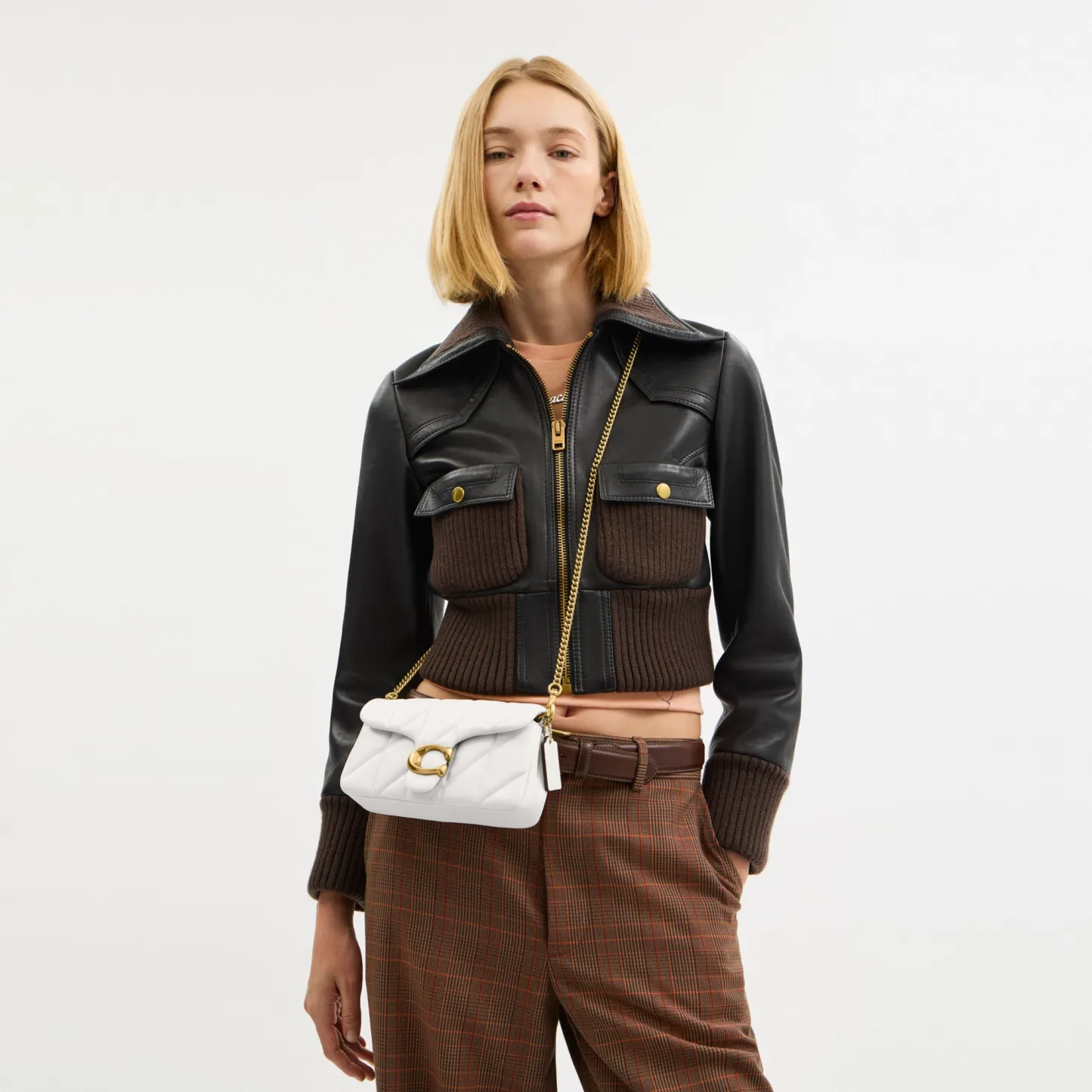 COACH®,Tabby Chain Crossbody Bag 19 With Quilting,Lining Leather,Leather,Crossbody,Wristlet,Logo,Pattern,Stitching,Embelli...,White,Detail View
