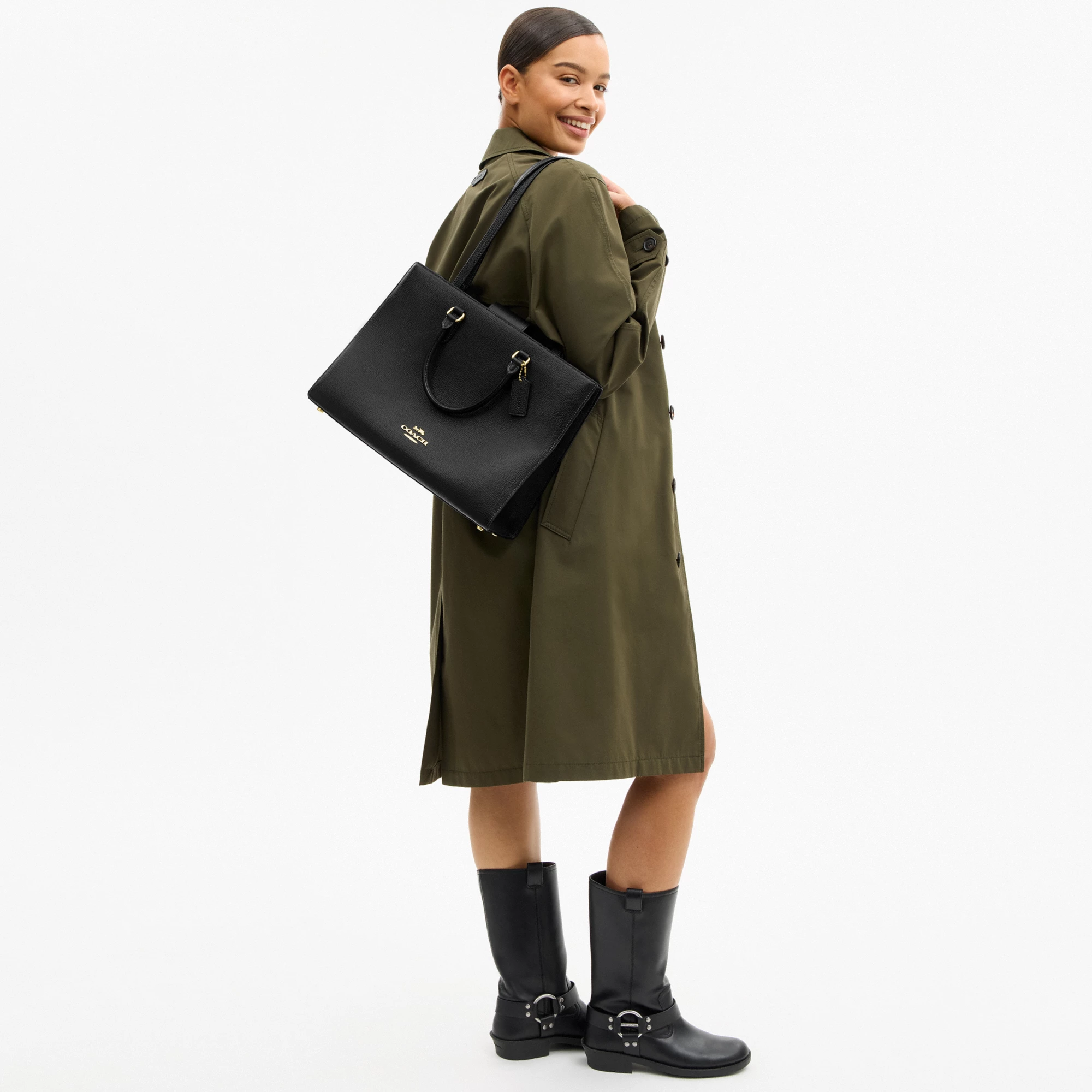 COACH®,Maggie Tote Bag,Leather,Tote,Logo,Embossed,Metal,Work,Black,Detail View