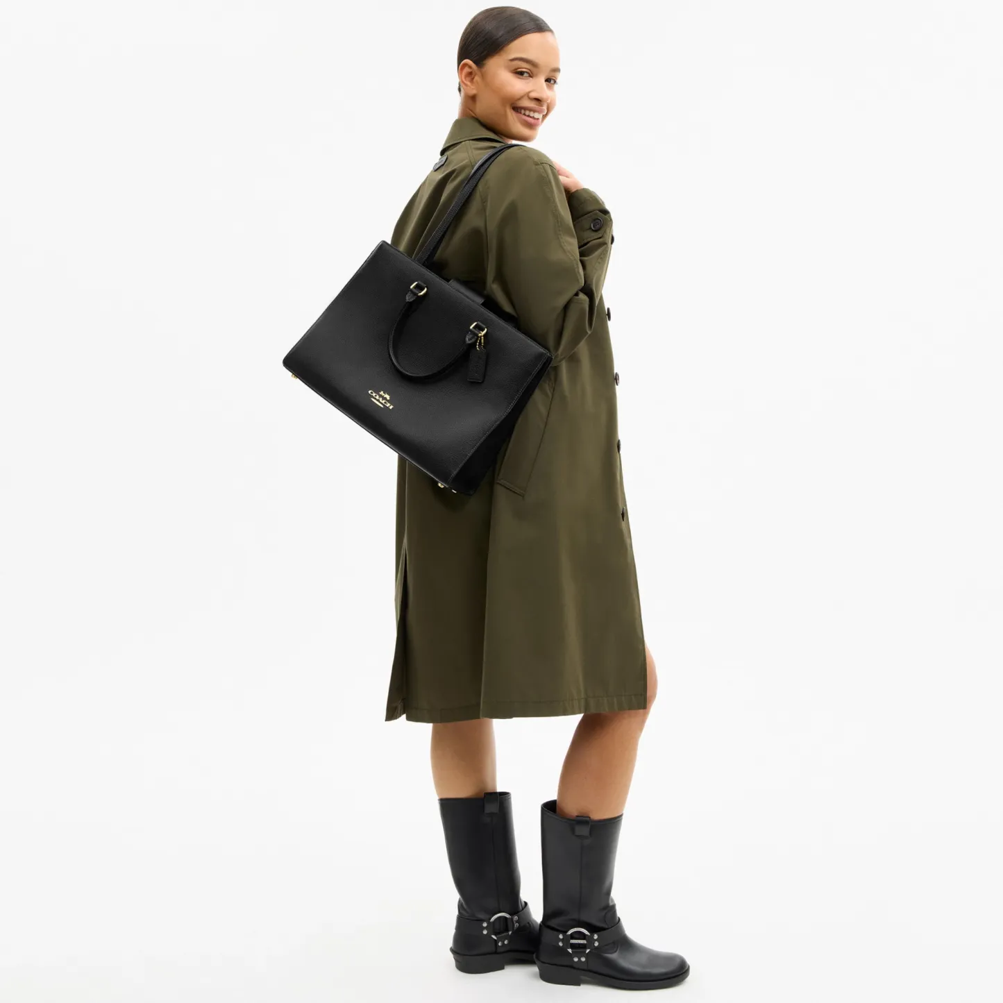 COACH®,Maggie Tote Bag,Leather,Tote,Logo,Embossed,Metal,Work,Black,Detail View