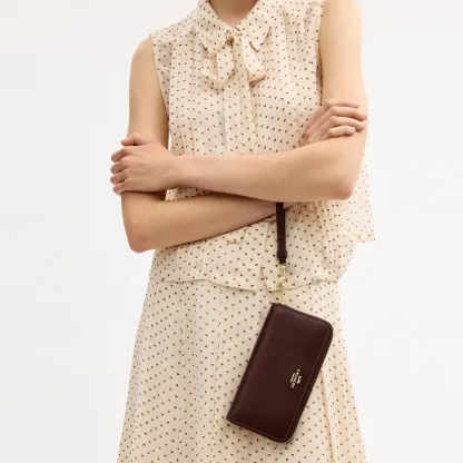 COACH®,Long Zip Around Wallet,Leather,Wristlet,Continental,Logo,Metal,Casual,Brown,Detail View