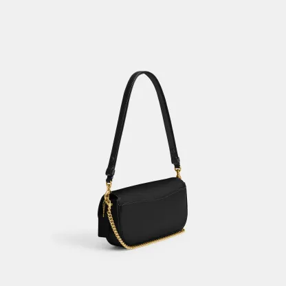 COACH®,Brook Flap Chain Bag,Calfskin Leather,Leather,Fabric,Shoulder Bag,Logo,Metal,Compact,Adjustable,Shoulder Guard,Gold...,Black,Angle View