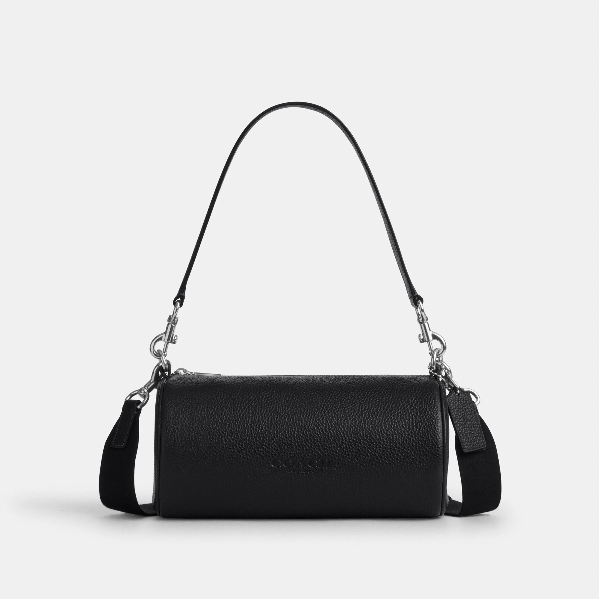 COACH®,Andre Barrel Bag 24,Recycled Polyester,Leather,Barrel Bag,Logo,Adjustable,Sustainable,Silver Metal,Casual,Black,Front View