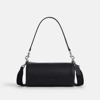 COACH®,Andre Barrel Bag 24,Recycled Polyester,Leather,Barrel Bag,Logo,Adjustable,Sustainable,Silver Metal,Casual,Black,Front View