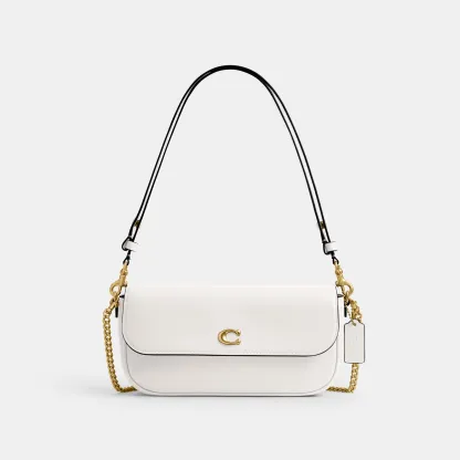 COACH®,Brook Flap Chain Bag,Calfskin Leather,Leather,Fabric,Shoulder Bag,Logo,Metal,Compact,Adjustable,Shoulder Guard,Gold...,White,Front View