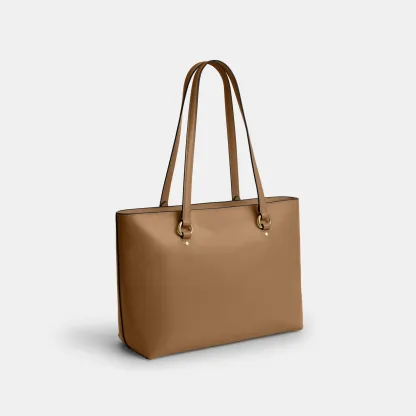COACH®,Station Tote Bag,Leather,Recycled Polyester,Tote,Logo,Metal,Gold Metal,Work,Brown,Angle View