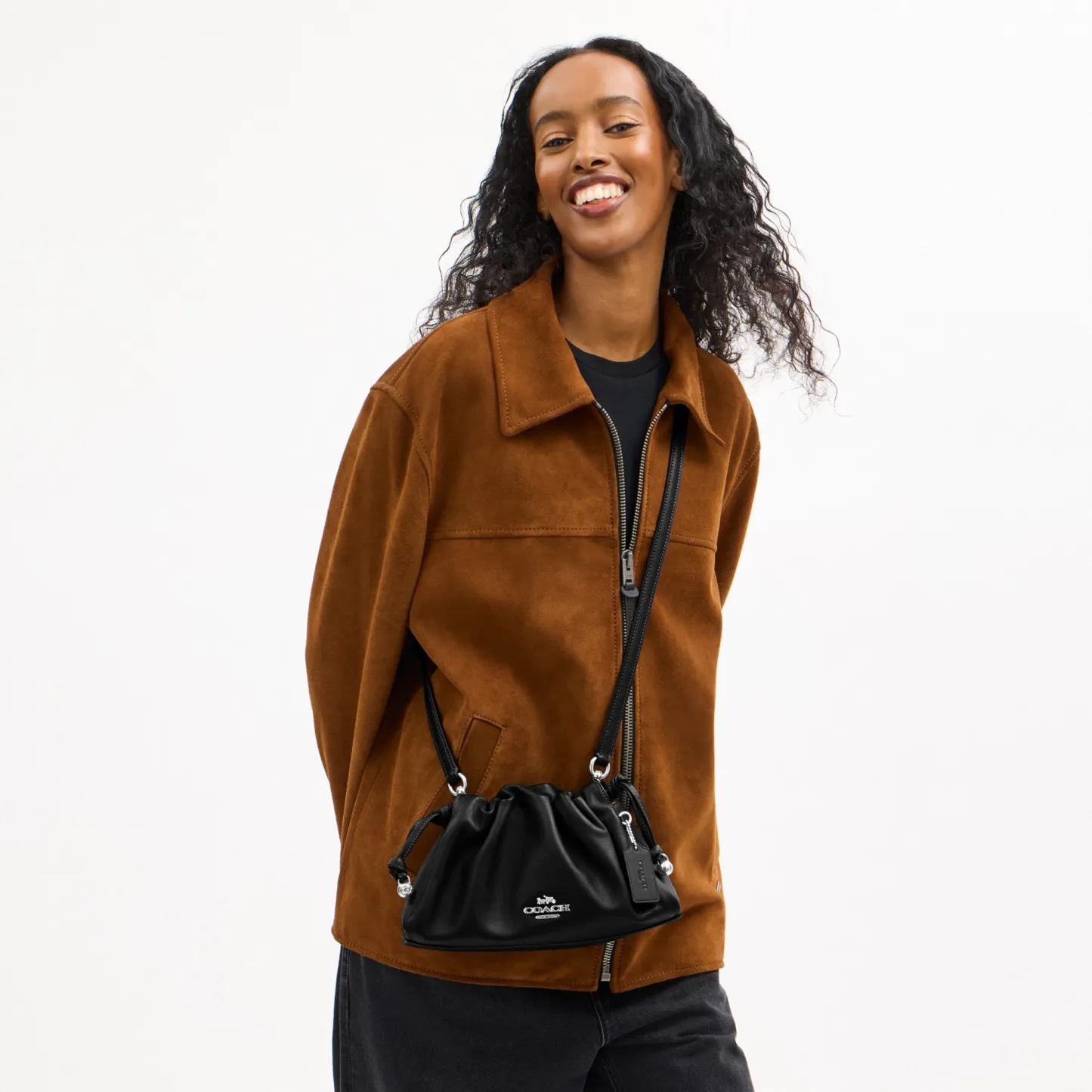 COACH®,Faye Shoulder Bag,Shoulder Bag,Metal,Ball Embellishment,Drawstring,Logo,Casual,Black