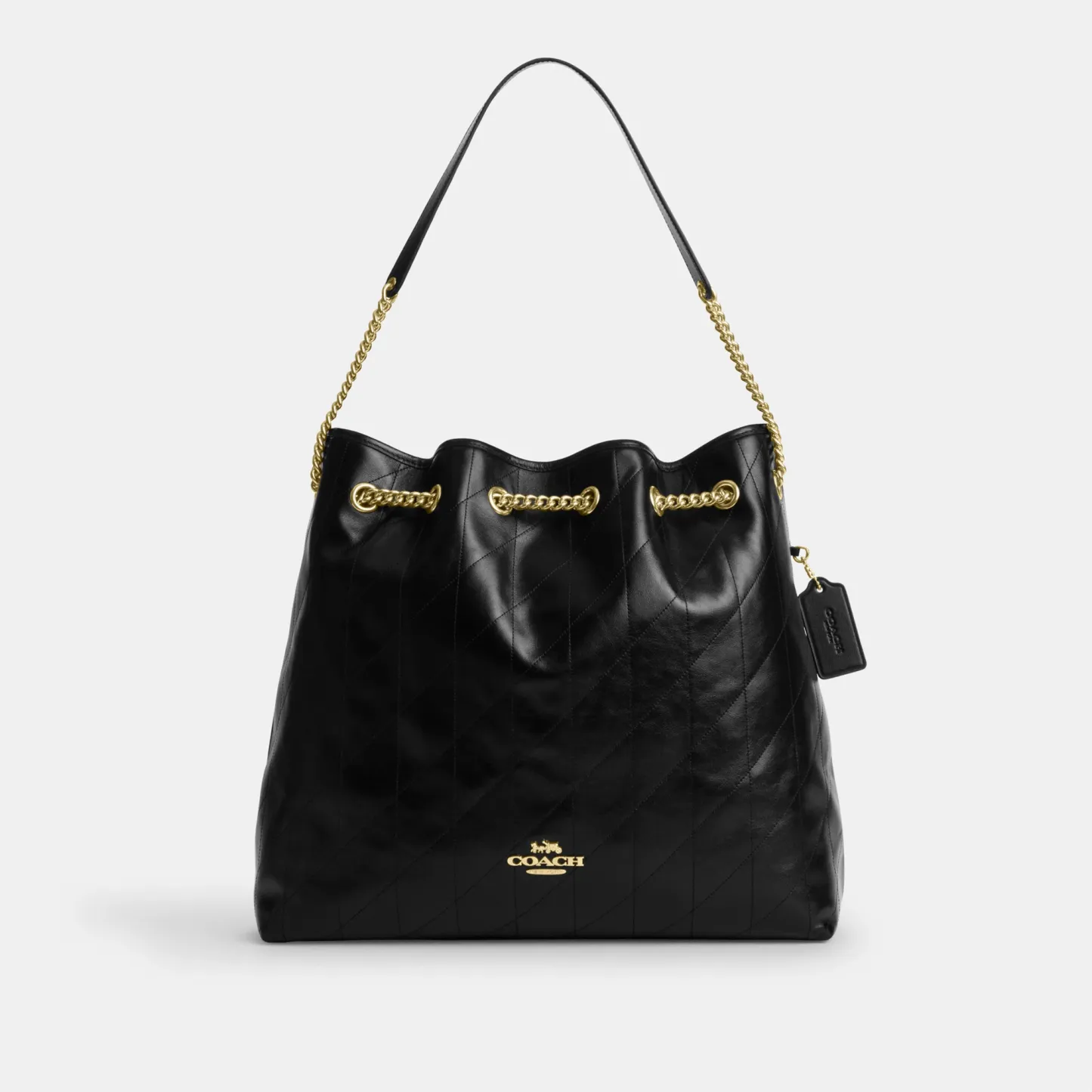 COACH®,Evelyn Large Shoulder Bag With Quilting,Leather,Bucket,Metal,Logo,Day Party,Black,Front View