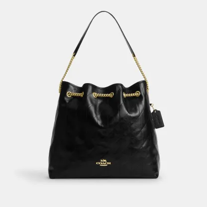 COACH®,Evelyn Large Shoulder Bag With Quilting,Leather,Bucket,Metal,Logo,Day Party,Black,Front View
