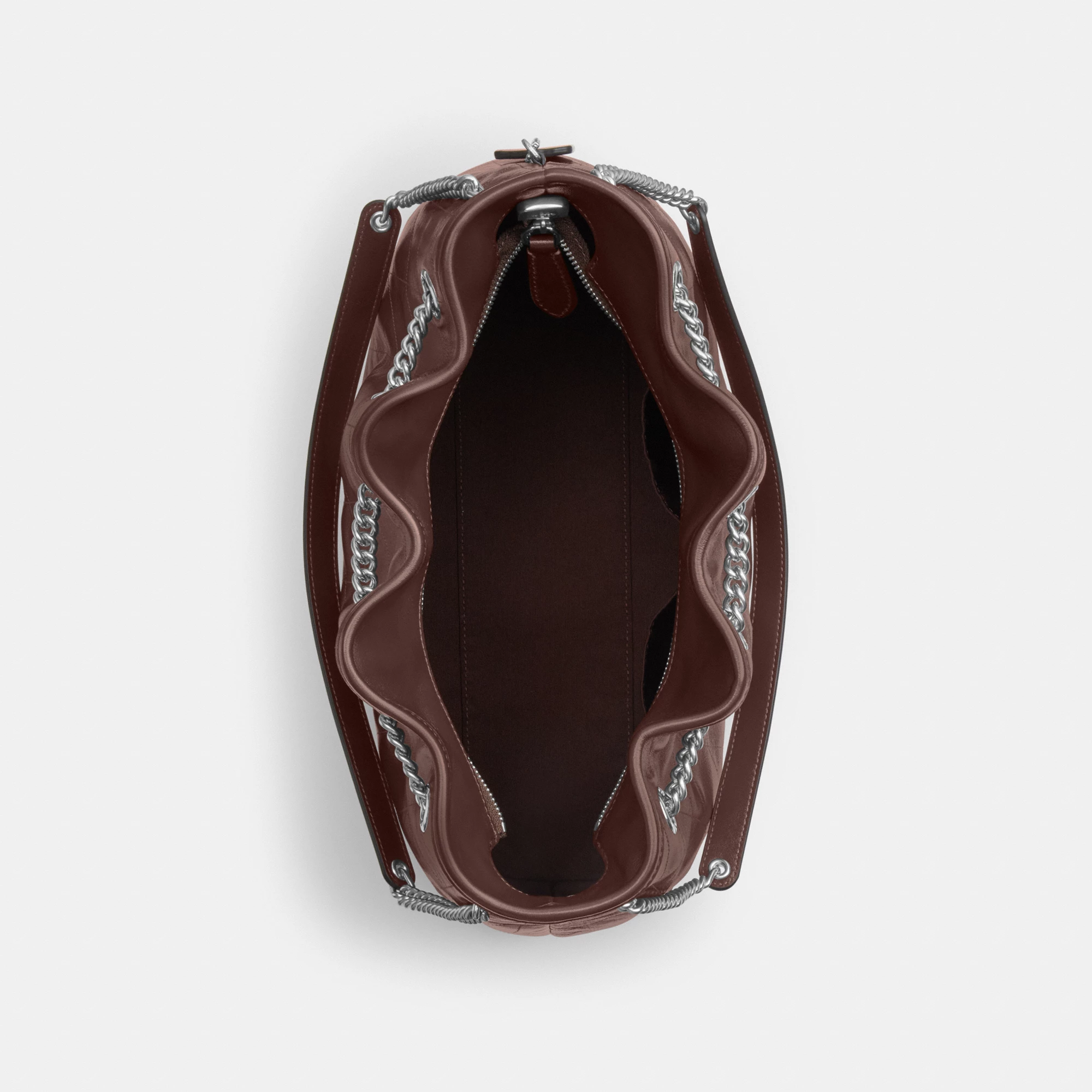 COACH®,Evelyn Shoulder Bag With Quilting,Leather,Bucket,Metal,Logo,Gold Metal,Day Party,Brown,Inside View,Top View